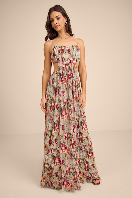 Alara Sage Floral Pleated Cutout Maxi Dress