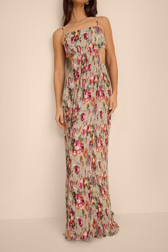 Alara Sage Floral Pleated Cutout Maxi Dress