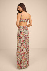 Alara Sage Floral Pleated Cutout Maxi Dress