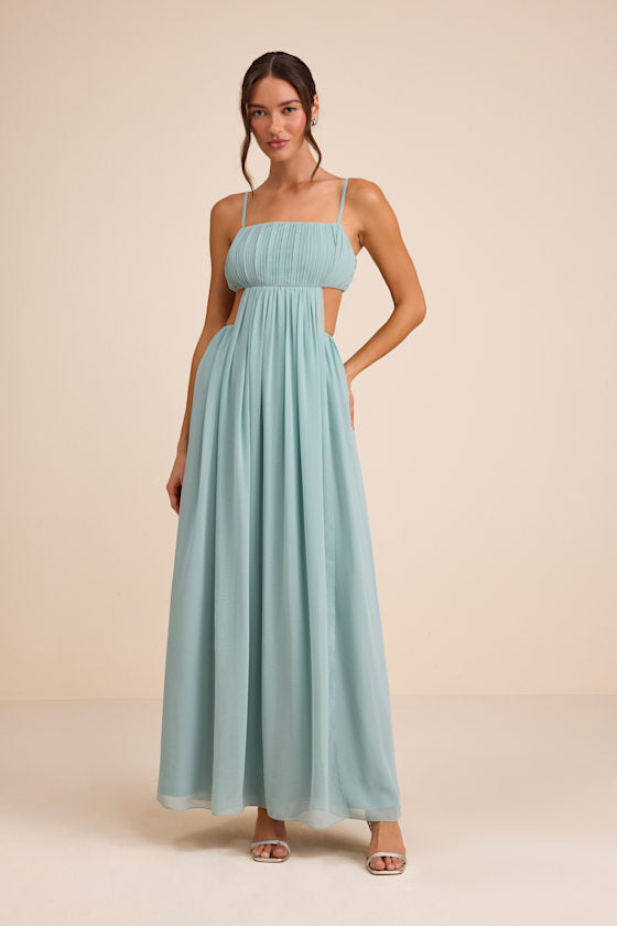 Adara Light Blue Pleated Cutout Maxi Dress