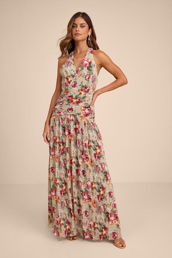 Sylvanna Sage Floral Halter Drop Waist Maxi Dress