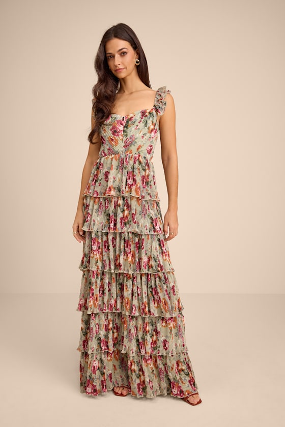 Alba Sage Floral Ruffled Tiered Maxi Dress