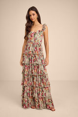 Alba Sage Floral Ruffled Tiered Maxi Dress