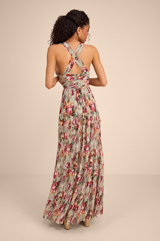 Leora Sage Floral Pleated Tiered Maxi Dress