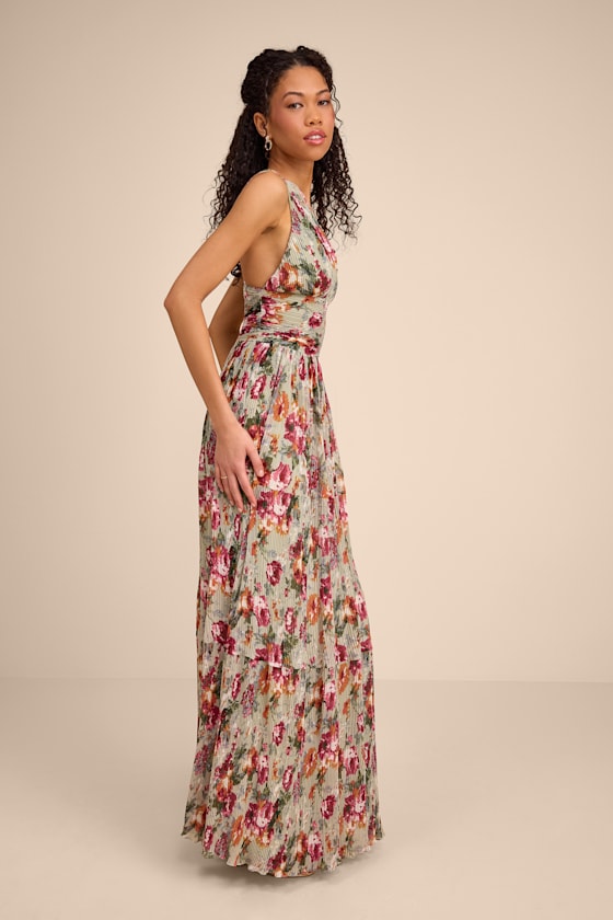 Leora Sage Floral Pleated Tiered Maxi Dress