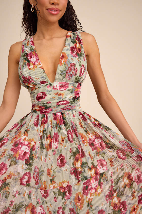 Leora Sage Floral Pleated Tiered Maxi Dress