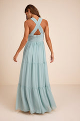 Leora Light Blue Pleated Tiered Maxi Dress
