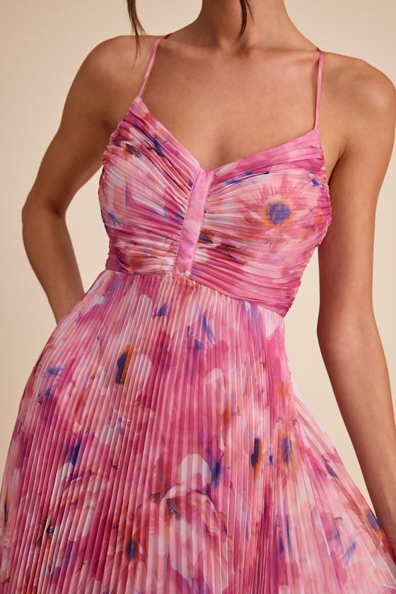 Whitley Pink Floral Pleated Sleeveless Maxi Dress