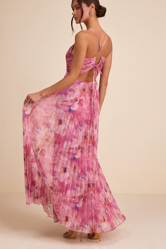 Whitley Pink Floral Pleated Sleeveless Maxi Dress