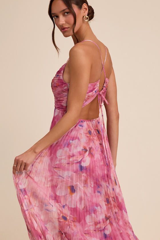 Whitley Pink Floral Pleated Sleeveless Maxi Dress