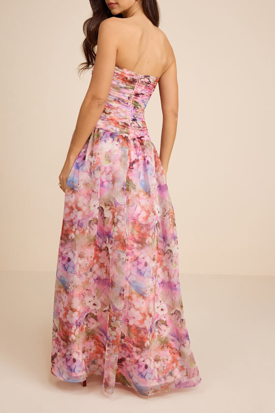 Kasandra Pink Multi Floral Organza Drop Waist Maxi Dress