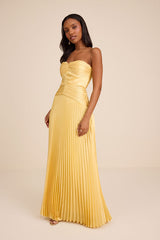 Elkay Yellow Pleated Satin Drop Waist Maxi Dress