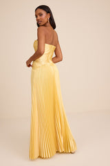 Elkay Yellow Pleated Satin Drop Waist Maxi Dress
