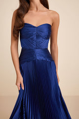 Elkay Navy Blue Pleated Satin Drop Waist Maxi Dress