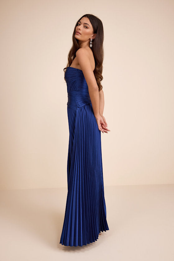 Elkay Navy Blue Pleated Satin Drop Waist Maxi Dress