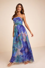 Galilea Blue Multi Floral Strapless Maxi Dress