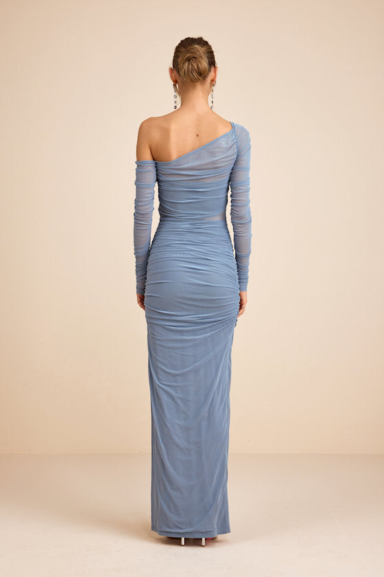 Lucena Slate Blue Mesh Asymmetrical Maxi Dress