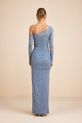 Lucena Slate Blue Mesh Asymmetrical Maxi Dress