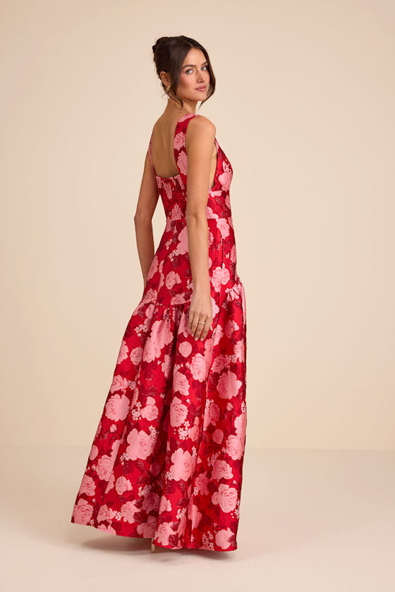 Valna Red Floral Jacquard Drop Waist Maxi Dress