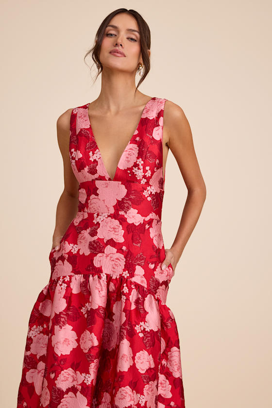 Valna Red Floral Jacquard Drop Waist Maxi Dress