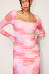 Sola Pink Multi Abstract Print Mesh Midi Dress
