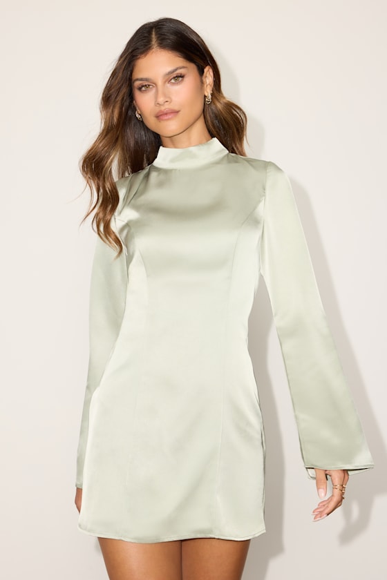 Melilla Pale Sage Satin Mock Neck Backless Mini Dress