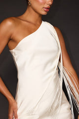 Deva Ivory Satin One-Shoulder Fringe Mini Dress