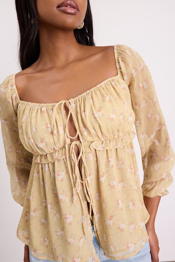 Lemmie Yellow Floral Chiffon Tie-Front Long Sleeve Top