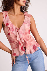 Ivanna Dusty Pink Floral Ruffled Tie-Front Tank Top