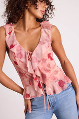 Ivanna Dusty Pink Floral Ruffled Tie-Front Tank Top
