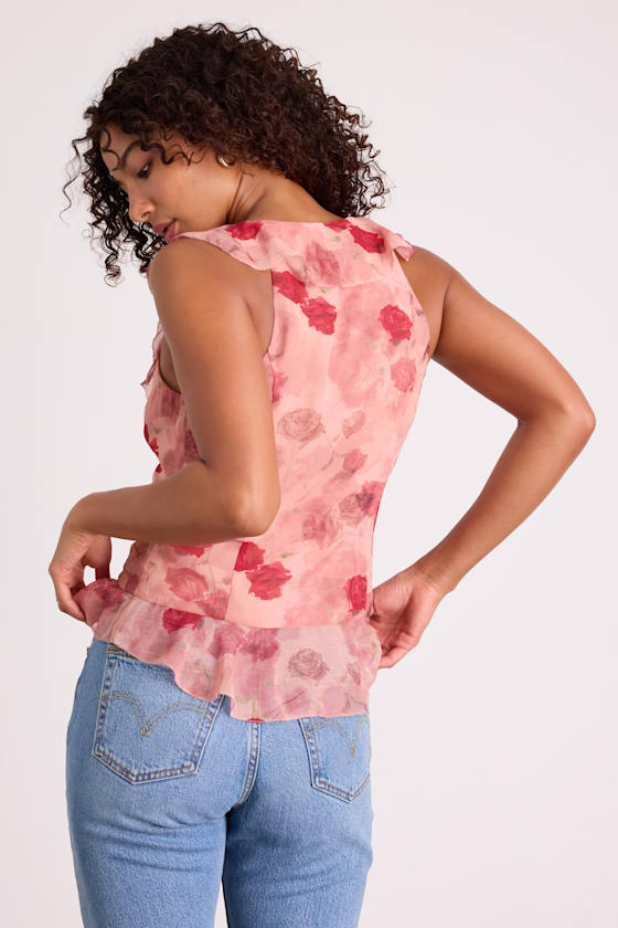Ivanna Dusty Pink Floral Ruffled Tie-Front Tank Top