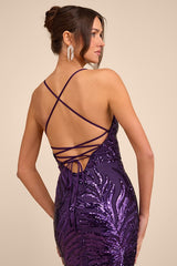 Sparkle 'til Dawn Dark Purple Sequin Lace-Up Mermaid Maxi Dress
