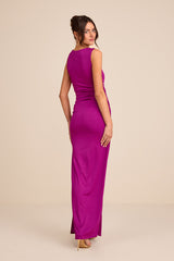 Enticing Darling Magenta Asymmetrical Ruched Maxi Dress