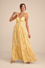 Soiree Perfection Yellow Floral Ruffled Tiered Maxi Dress