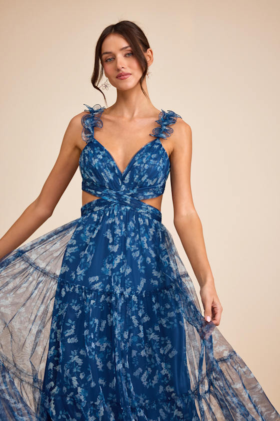 Ethereal Love Blue Floral Pleated Tiered Tie-Back Maxi Dress