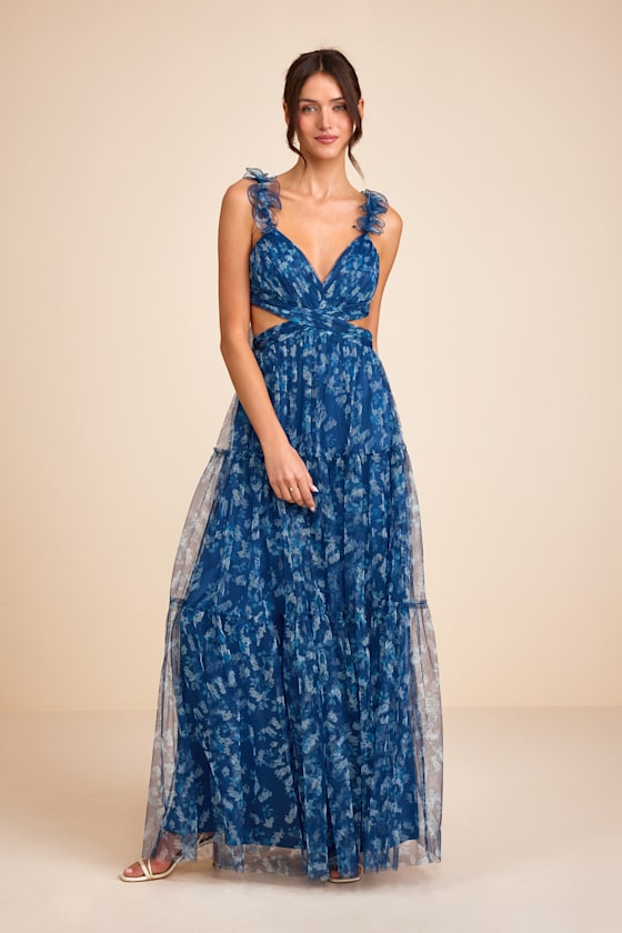 Ethereal Love Blue Floral Pleated Tiered Tie-Back Maxi Dress