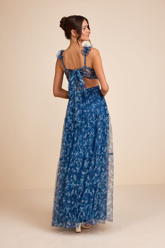 Ethereal Love Blue Floral Pleated Tiered Tie-Back Maxi Dress