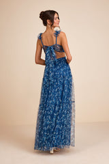 Ethereal Love Blue Floral Pleated Tiered Tie-Back Maxi Dress