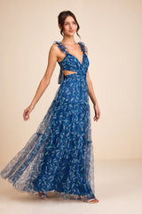Ethereal Love Blue Floral Pleated Tiered Tie-Back Maxi Dress