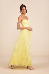Delightful Beauty Yellow Strapless Ruched Ruffled Maxi Dress