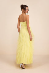 Delightful Beauty Yellow Strapless Ruched Ruffled Maxi Dress