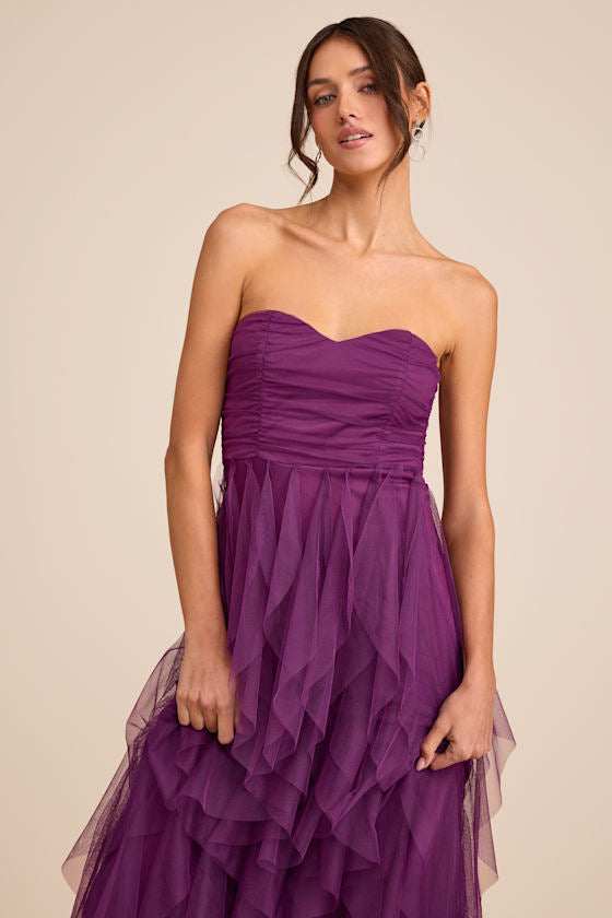 Delightful Beauty Plum Mesh Strapless Ruched Ruffled Maxi Dress