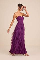 Delightful Beauty Plum Mesh Strapless Ruched Ruffled Maxi Dress
