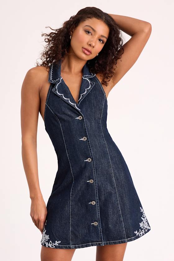 Rani Dark Wash Denim Embroidered Halter Mini Dress