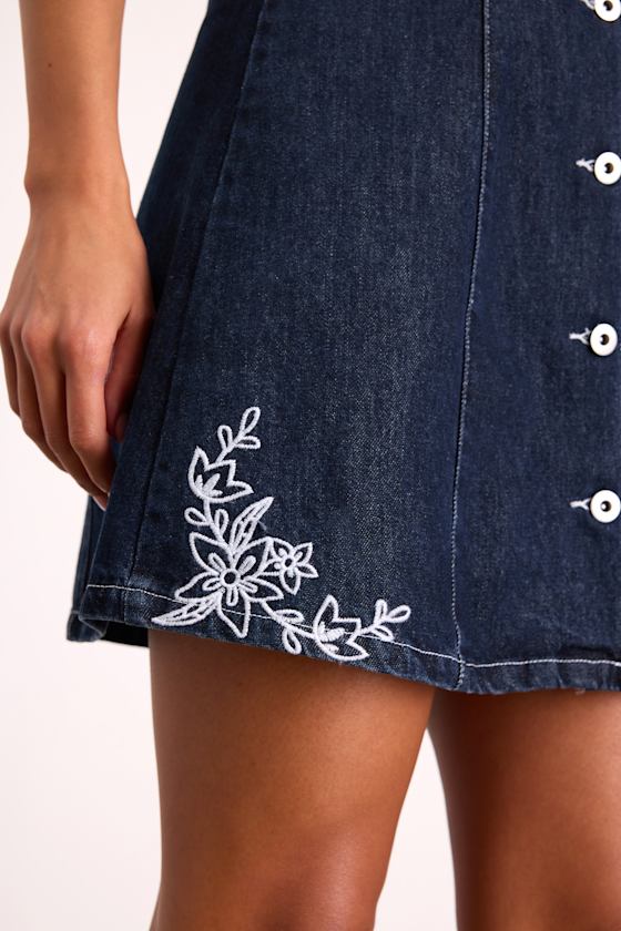 Rani Dark Wash Denim Embroidered Halter Mini Dress