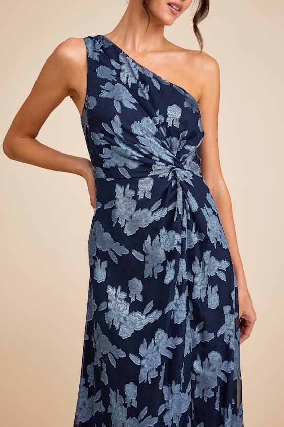 Renni Navy Blue Floral Jacquard One-Shoulder Maxi Dress