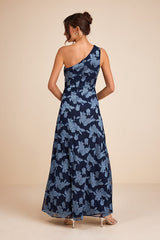 Renni Navy Blue Floral Jacquard One-Shoulder Maxi Dress