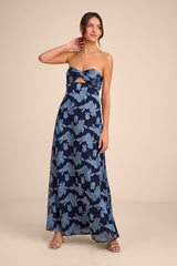 Danae Navy Blue Floral Jacquard Strapless Maxi Dress