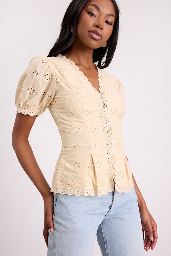 Briar Beige Eyelet Embroidered Button-Front Top