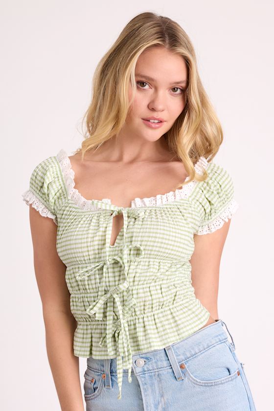 Tira Light Green and White Gingham Tie-Front Top